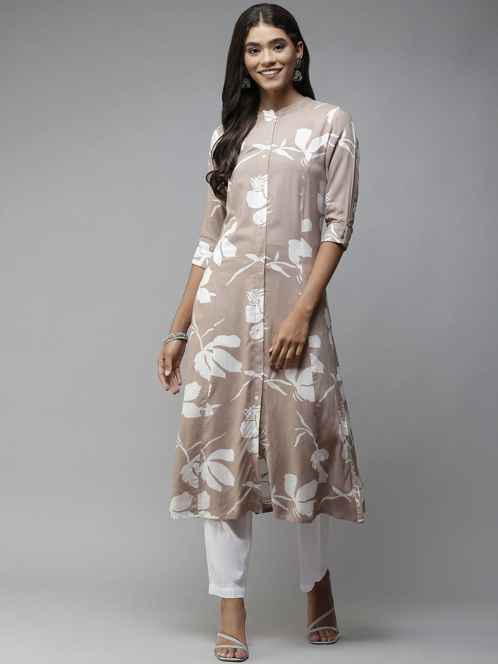 Beige Printed Cotton Kurta-Yufta Store-5705KURBGM