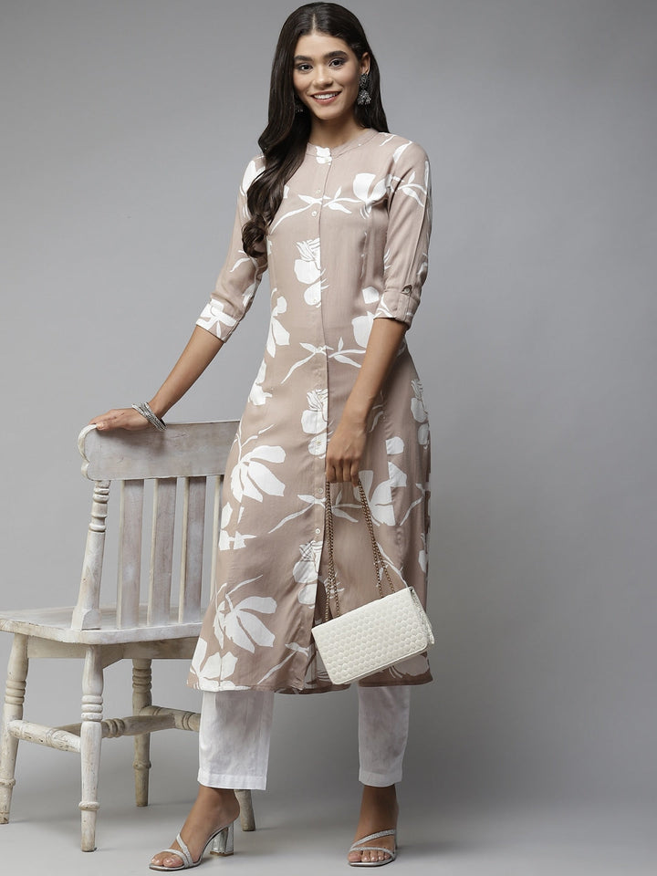 Beige Printed Cotton Kurta-Yufta Store-5705KURBGM