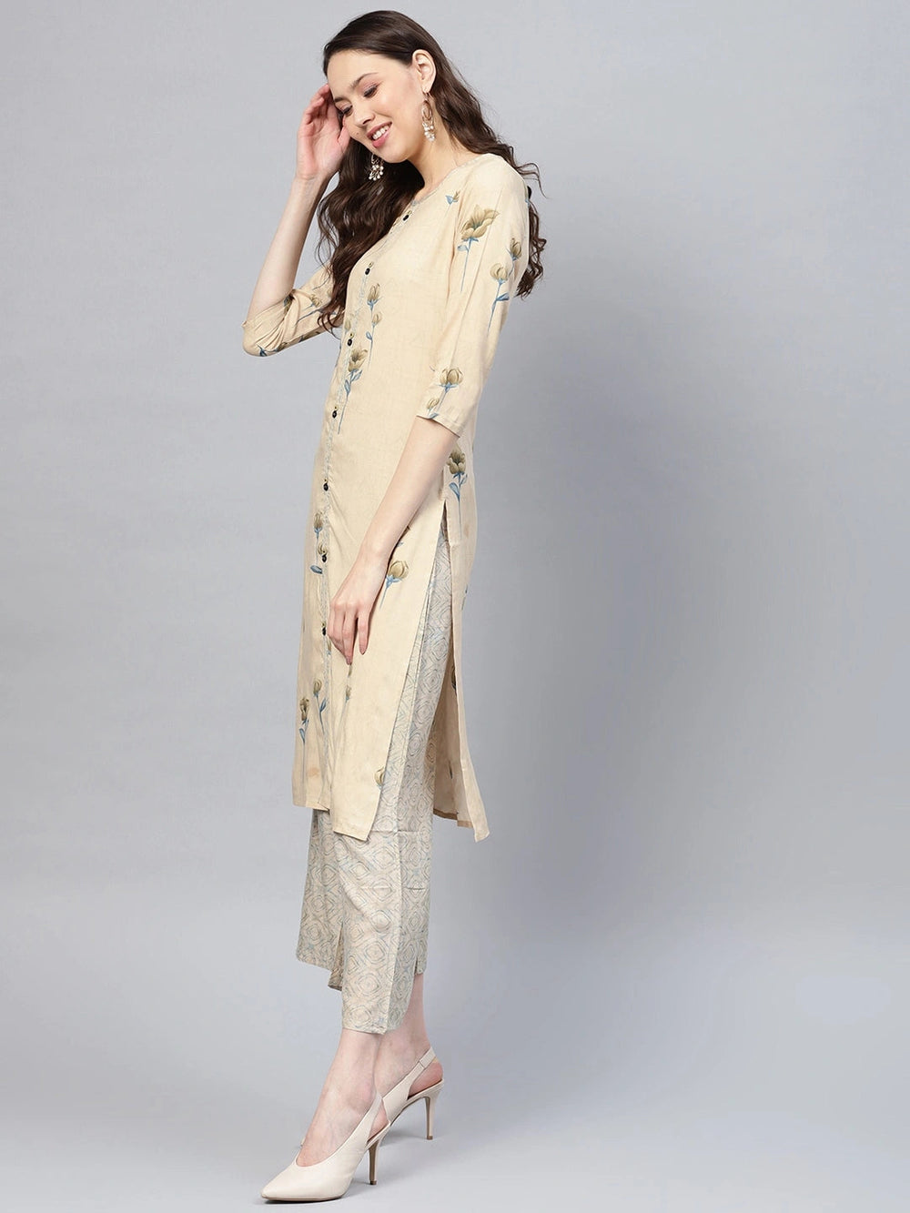 Beige Printed Kurta With Palazzo-Yufta Store-YUFNSET1989S