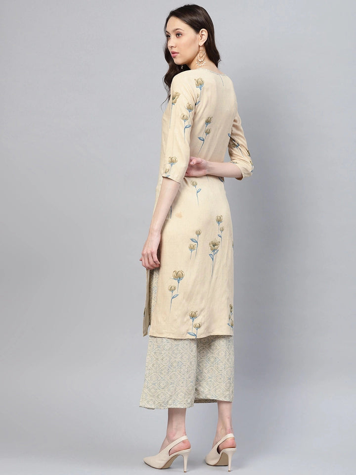 Beige Printed Kurta With Palazzo-Yufta Store-YUFNSET1989S