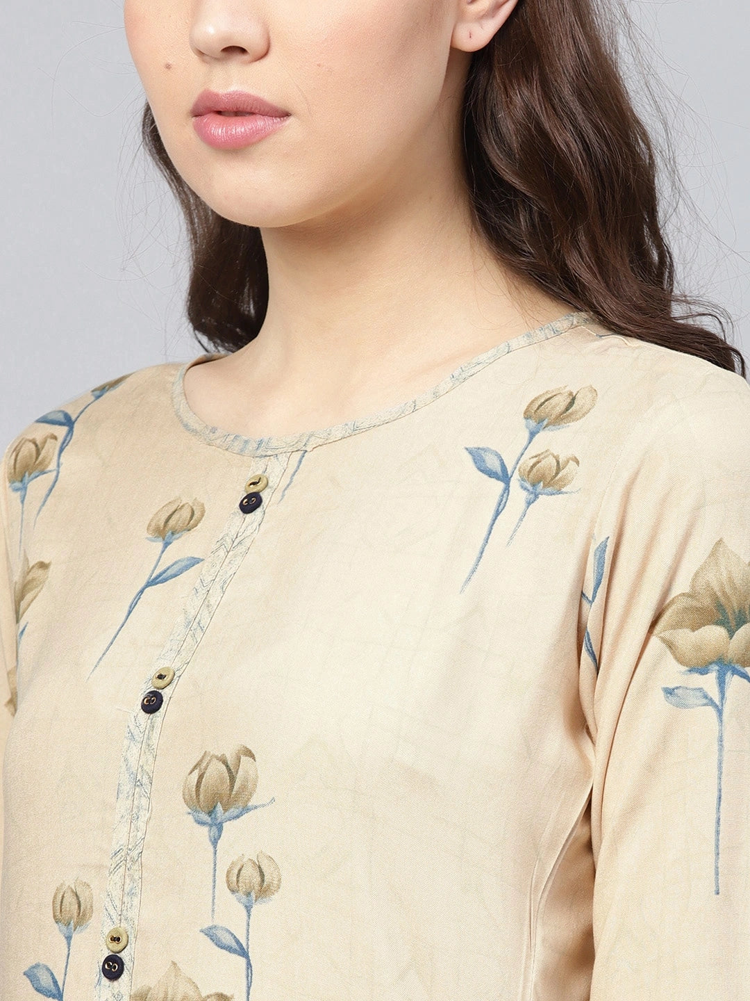 Beige Printed Kurta With Palazzo-Yufta Store-YUFNSET1989S