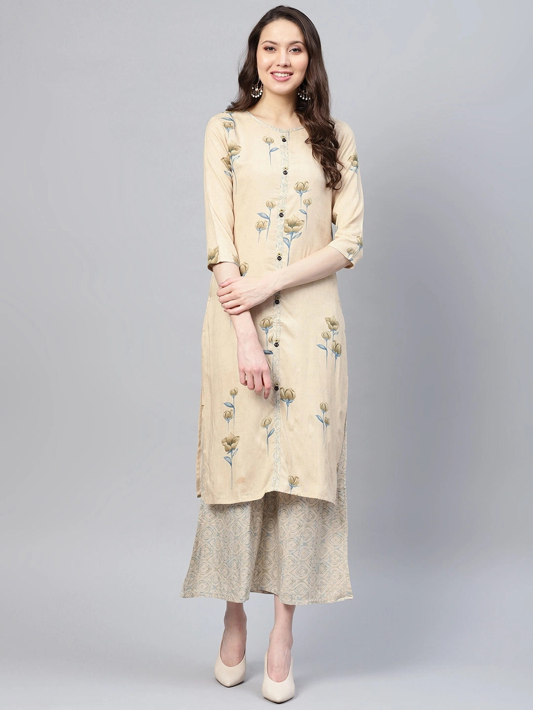 Beige Printed Kurta With Palazzo-Yufta Store-YUFNSET1989S