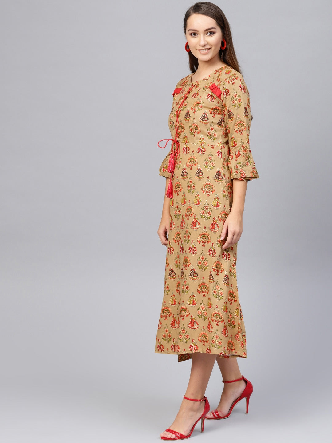 Beige & Red Printed A-Line Kurta-Yufta Store-1978KURBGS