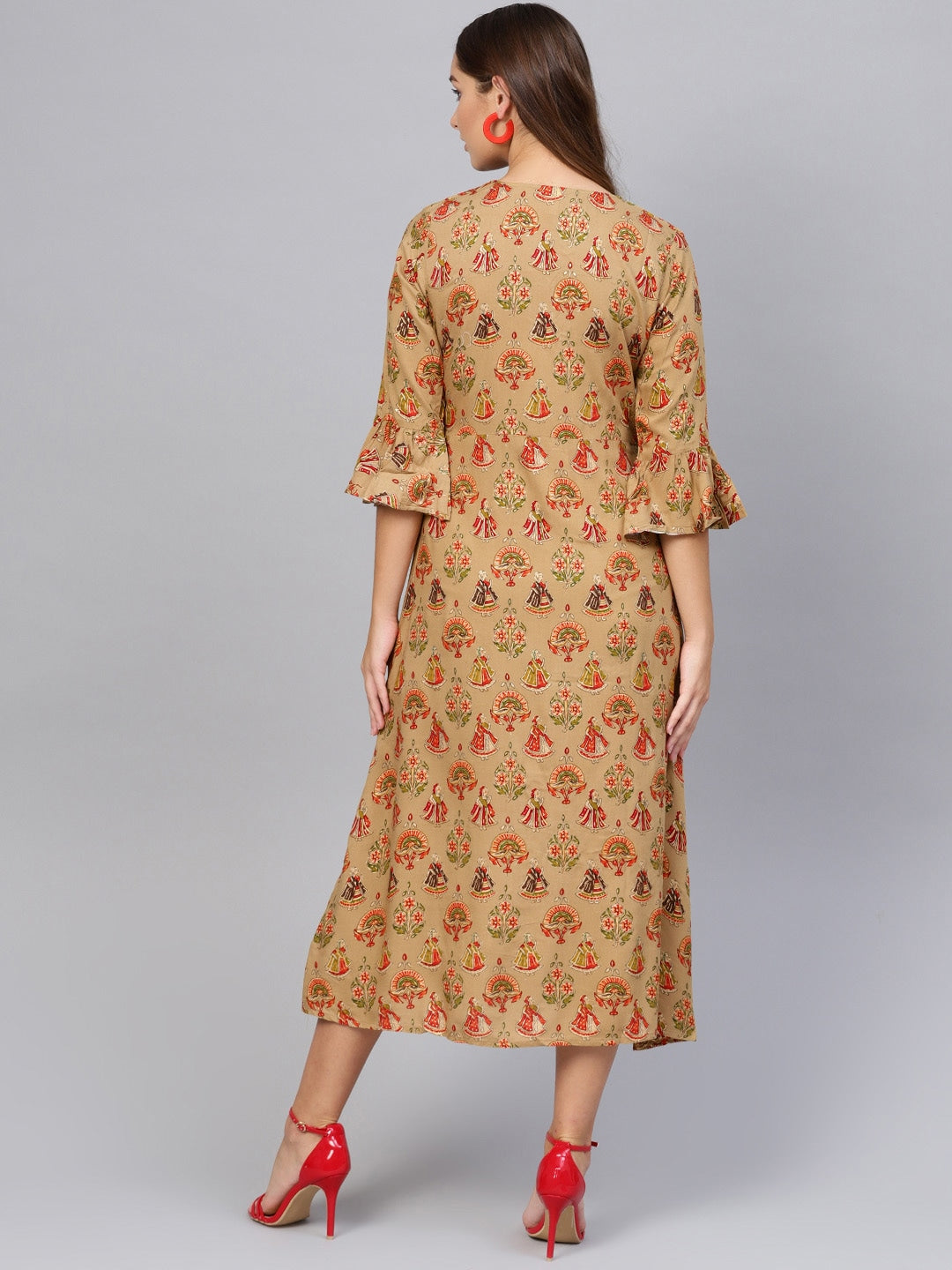 Beige & Red Printed A-Line Kurta-Yufta Store-1978KURBGS