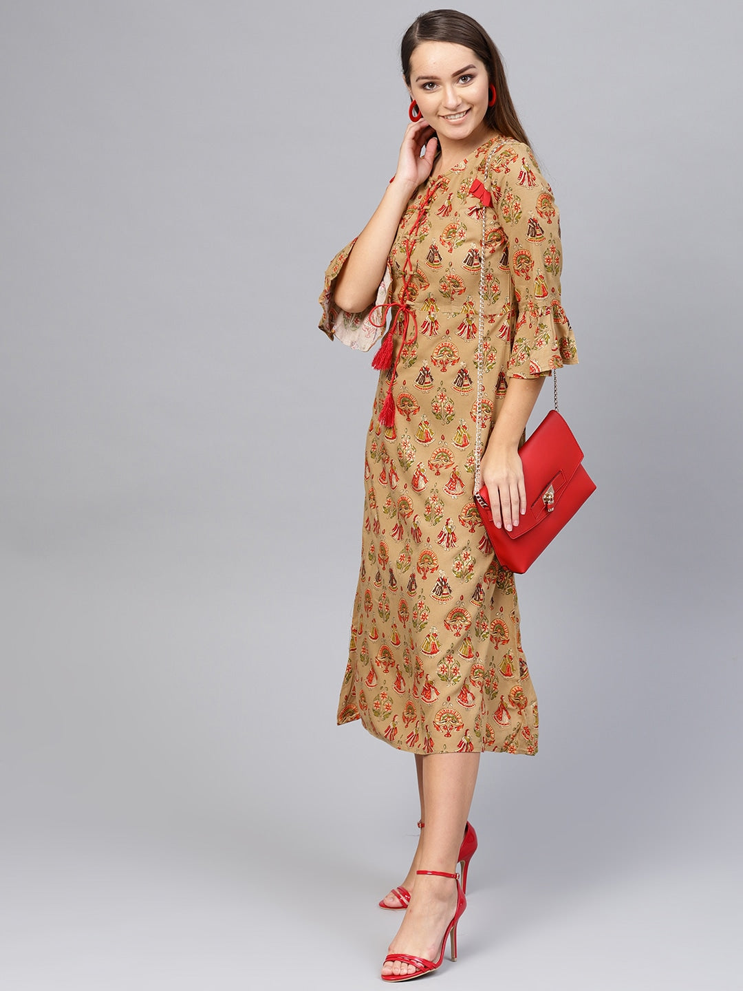 Beige & Red Printed A-Line Kurta-Yufta Store-1978KURBGS