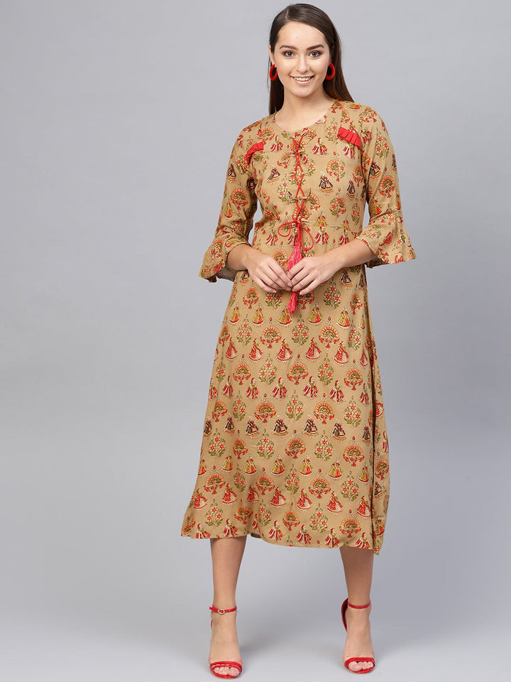 Beige & Red Printed A-Line Kurta-Yufta Store-1978KURBGS