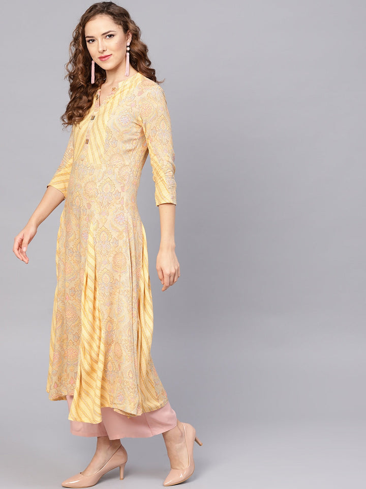 Beige & Yellow A-Line Kurta-Yufta Store-YUFNKU1881S