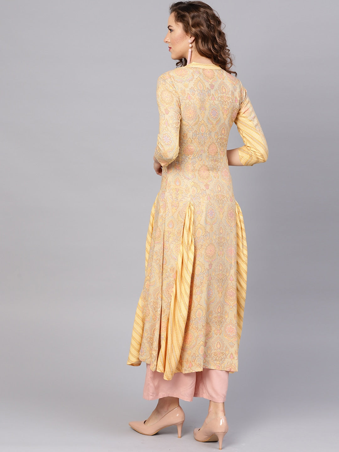 Beige & Yellow A-Line Kurta-Yufta Store-YUFNKU1881S