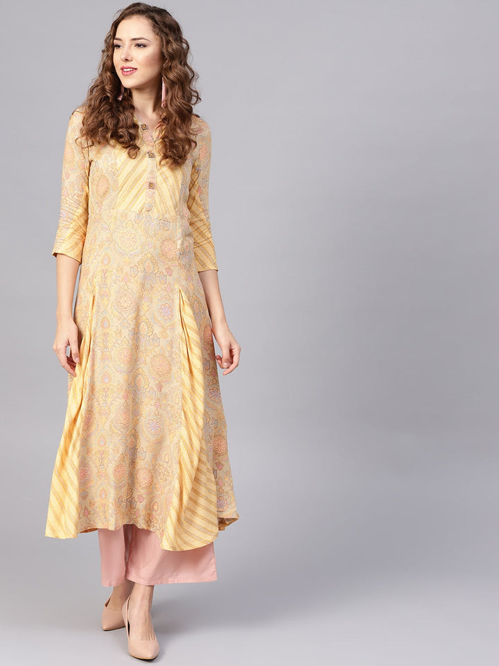 Beige & Yellow A-Line Kurta-Yufta Store-YUFNKU1881S