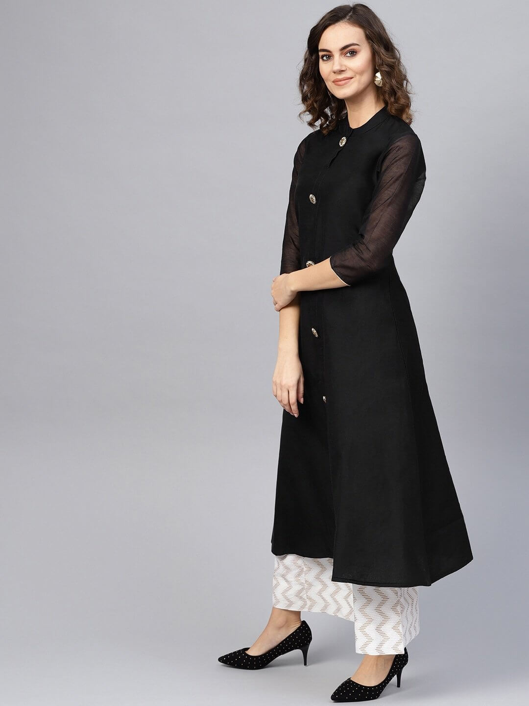 Black A-Line Chanderi Kurta-Yufta Store-1984KURBKS