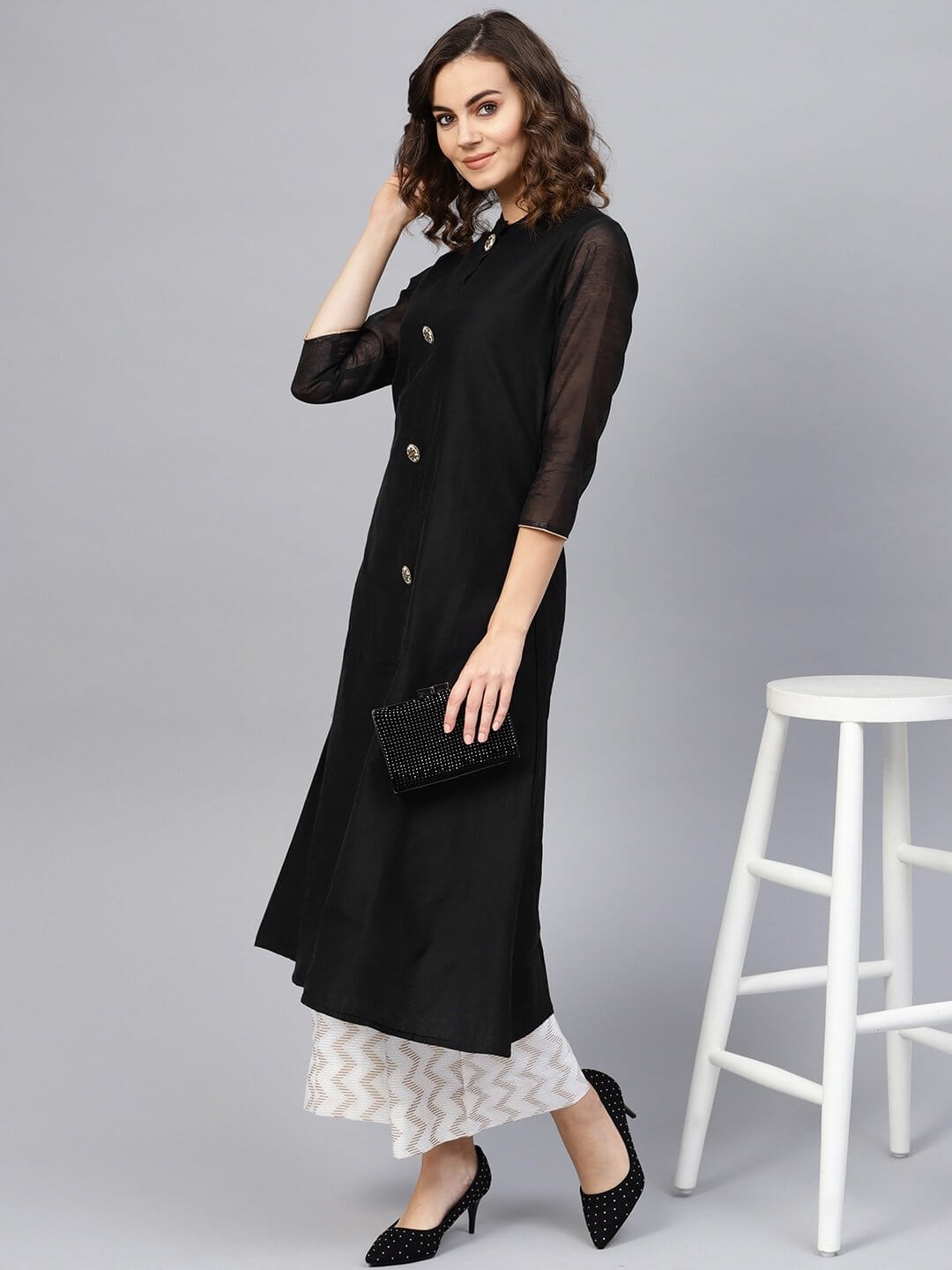 Black A-Line Chanderi Kurta-Yufta Store-1984KURBKS