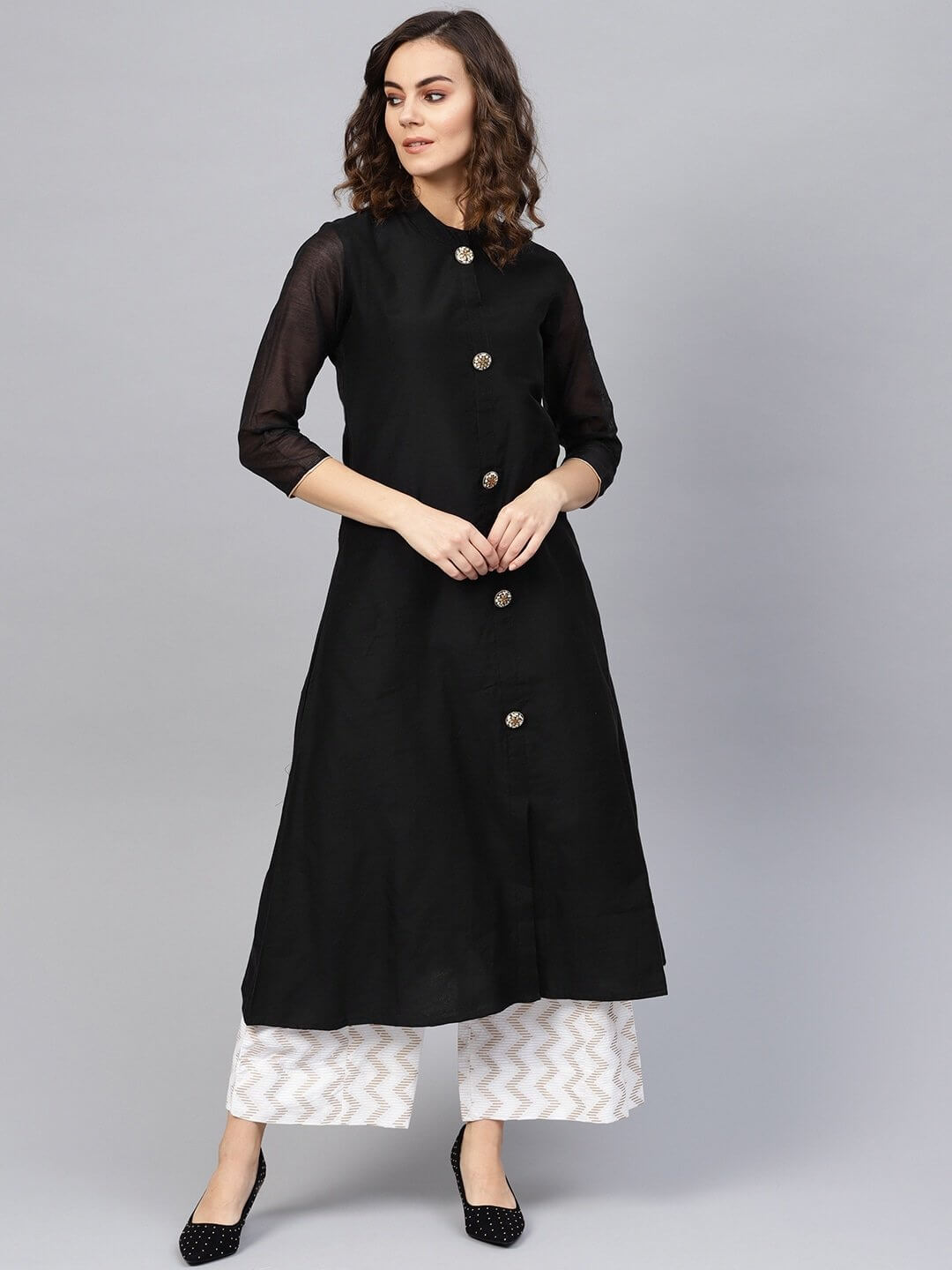 Black A-Line Chanderi Kurta-Yufta Store-1984KURBKS