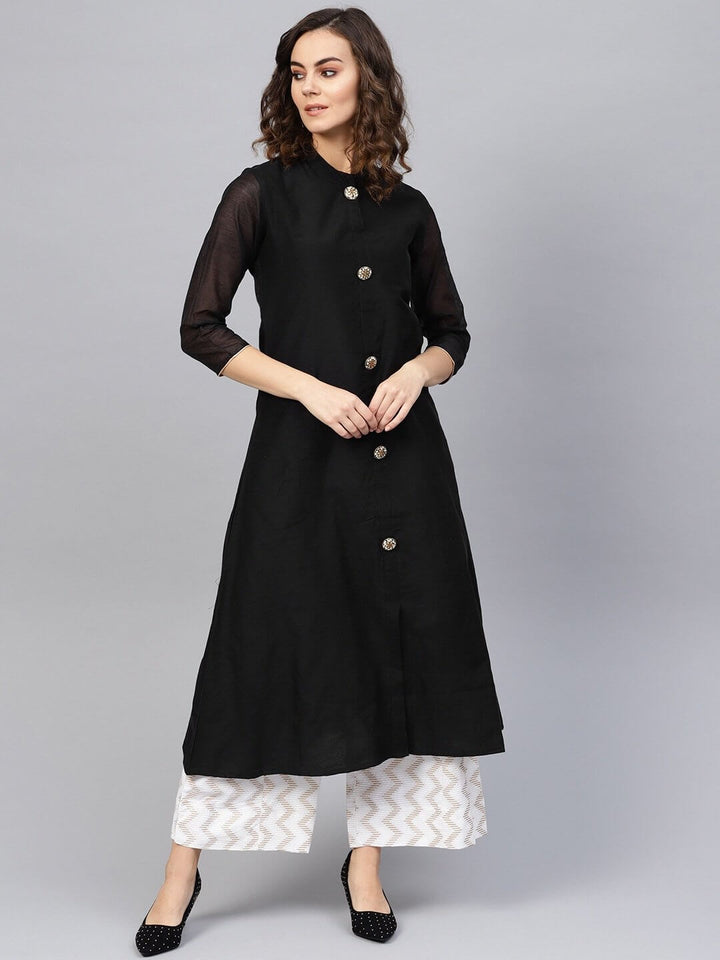 Black A-Line Chanderi Kurta-Yufta Store-1984KURBKS