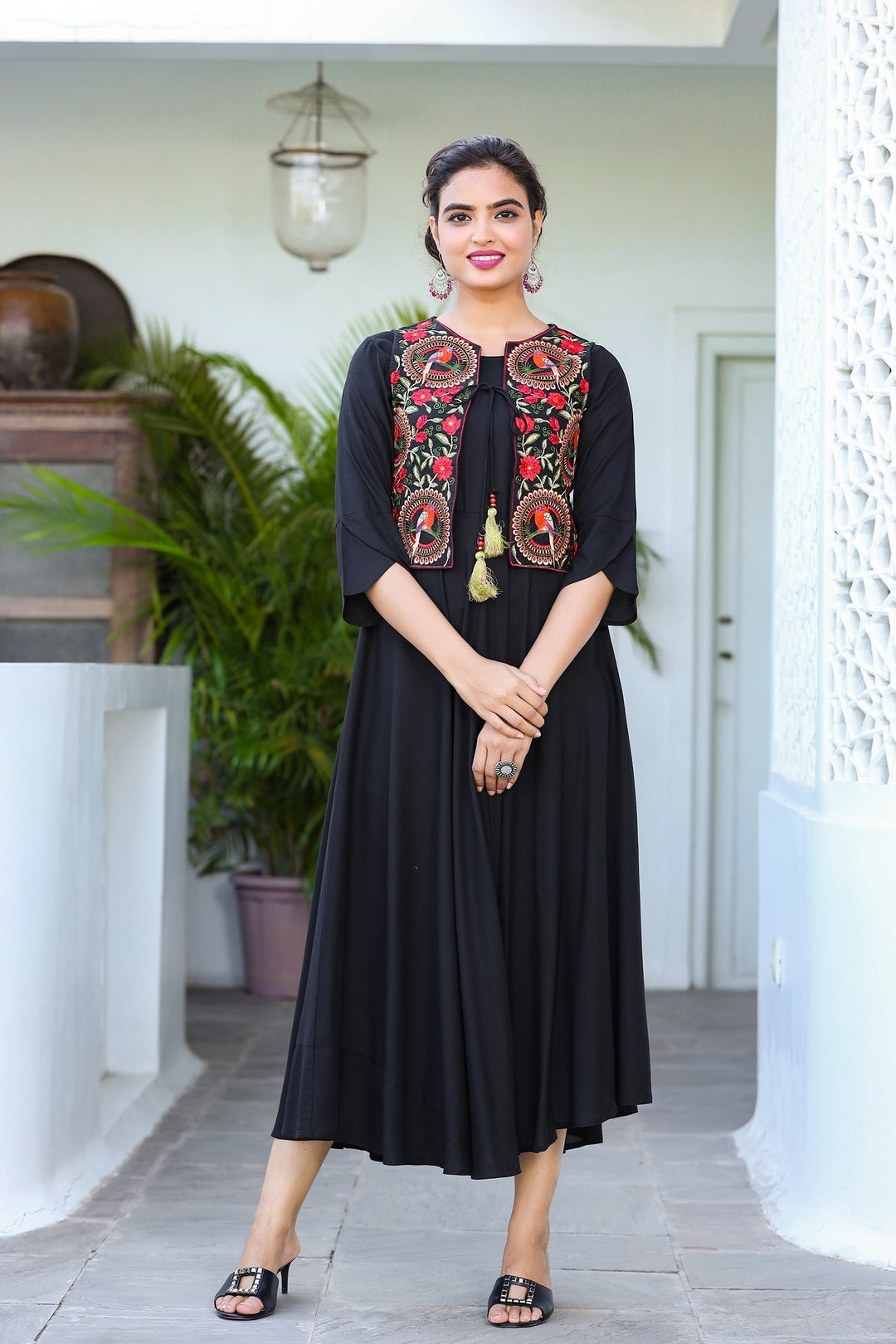 Black A-Line Dress With Jacket-Yufta Store-9402DRSBKS