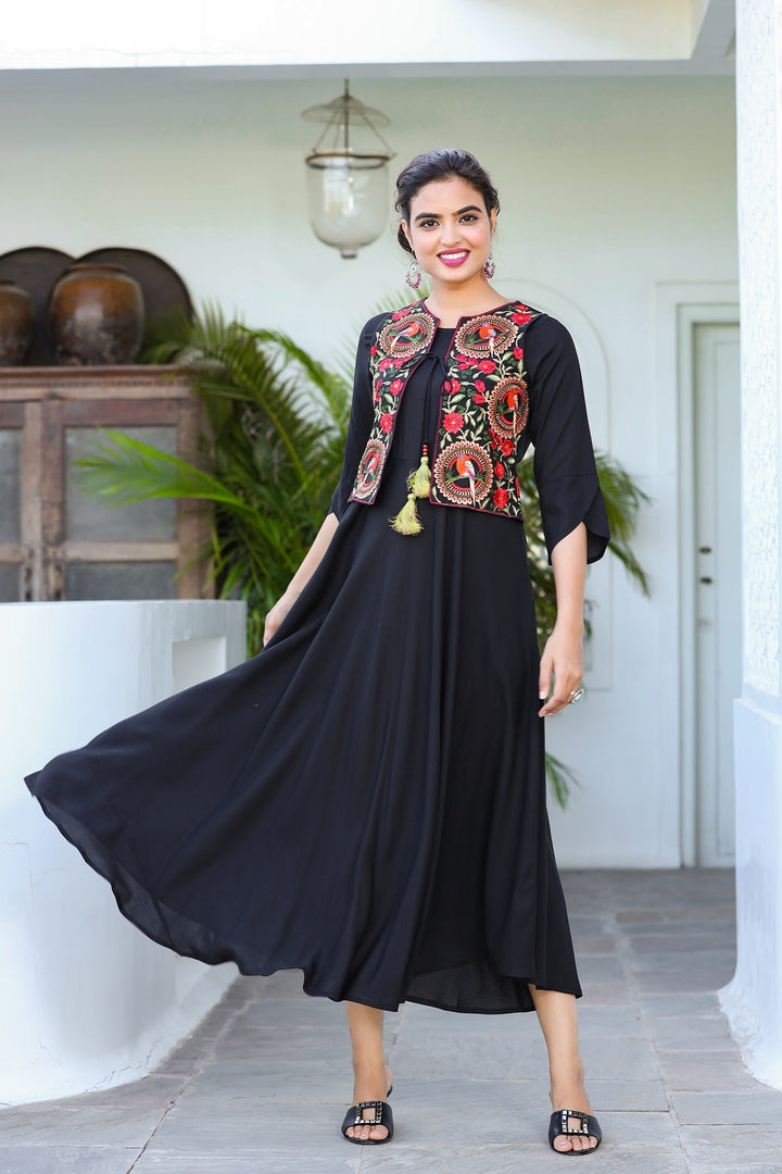 Black A-Line Dress With Jacket-Yufta Store-9402DRSBKS