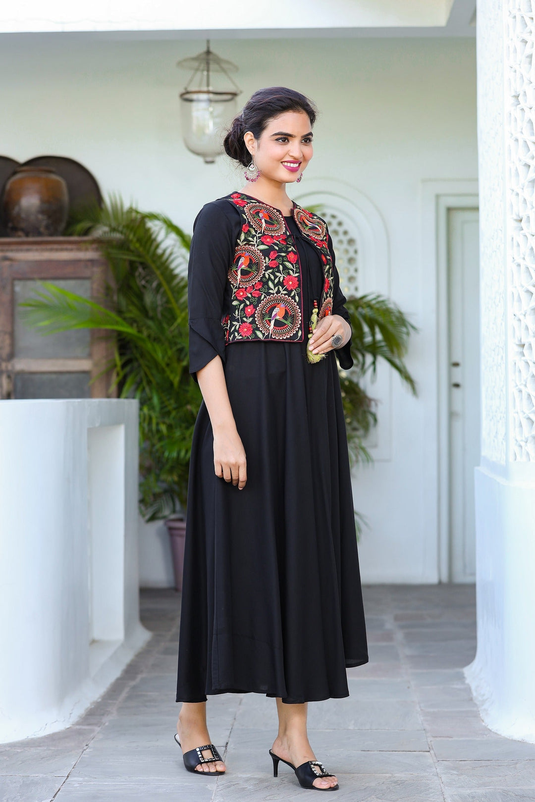 Black A-Line Dress With Jacket-Yufta Store-9402DRSBKS