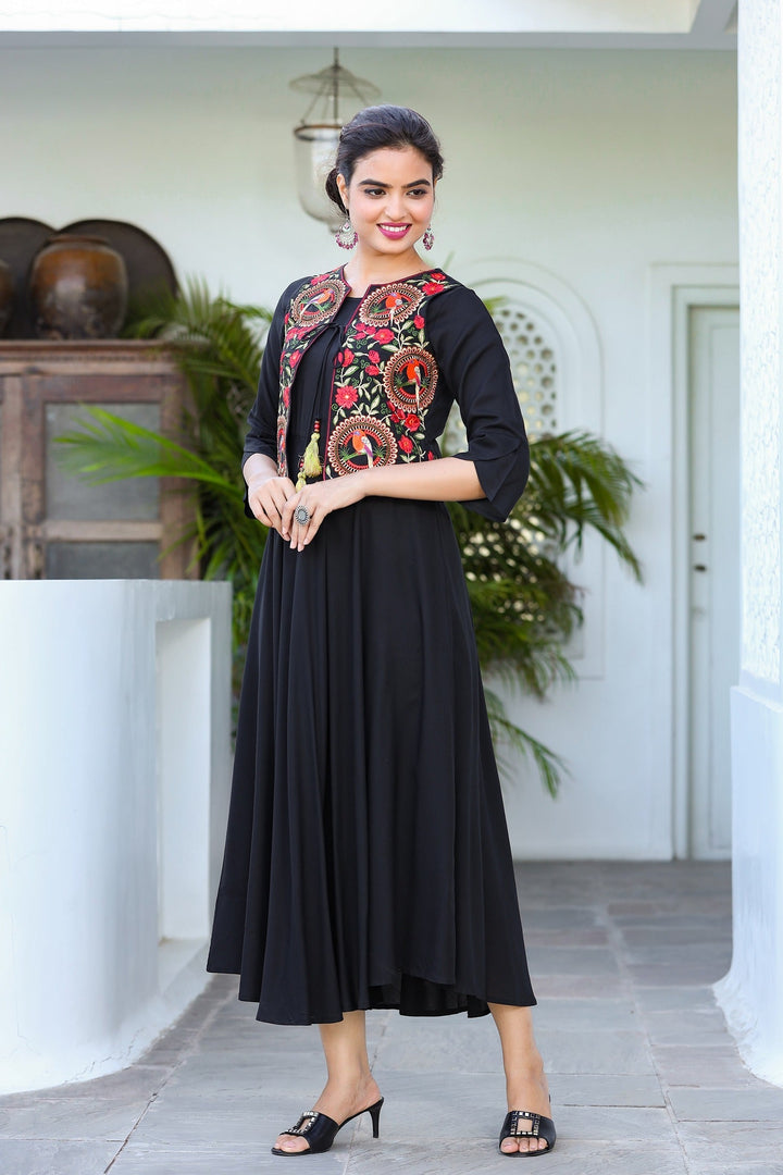 Black A-Line Dress With Jacket-Yufta Store-9402DRSBKS