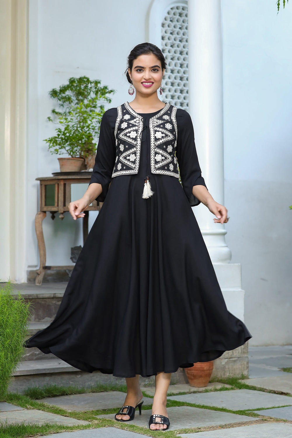 Black A-Line Dress With Jacket-Yufta Store-9403DRSBKS