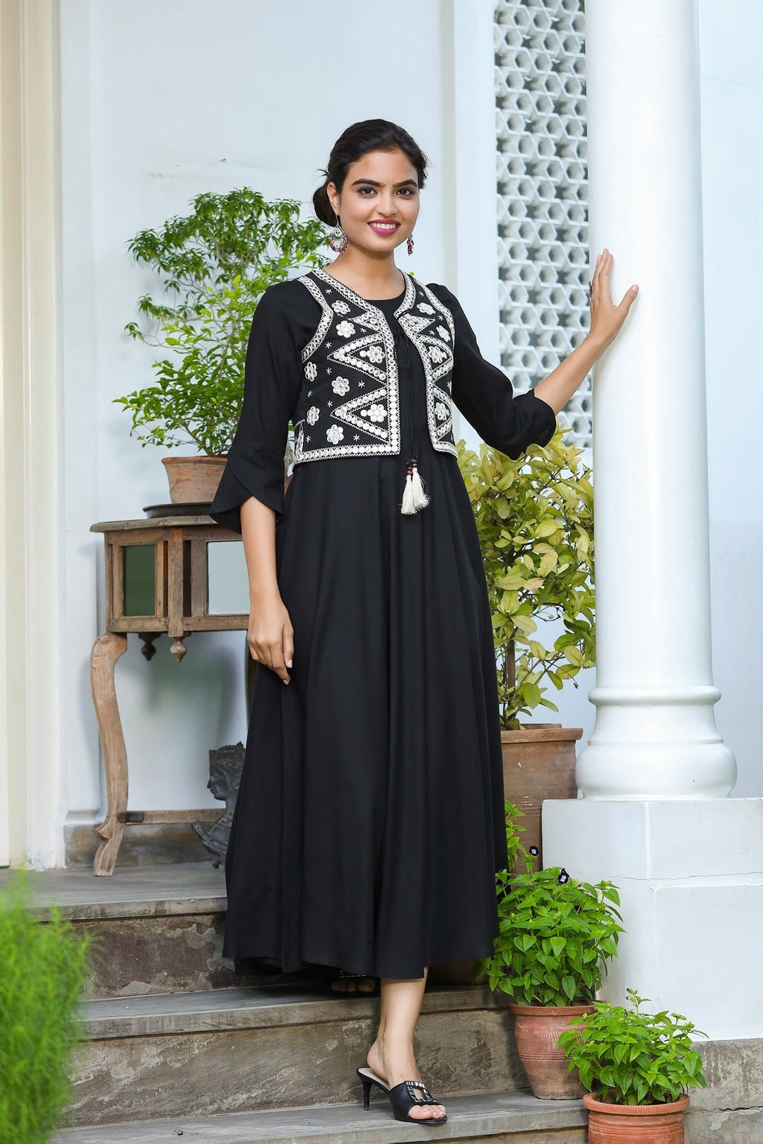 Black A-Line Dress With Jacket-Yufta Store-9403DRSBKS