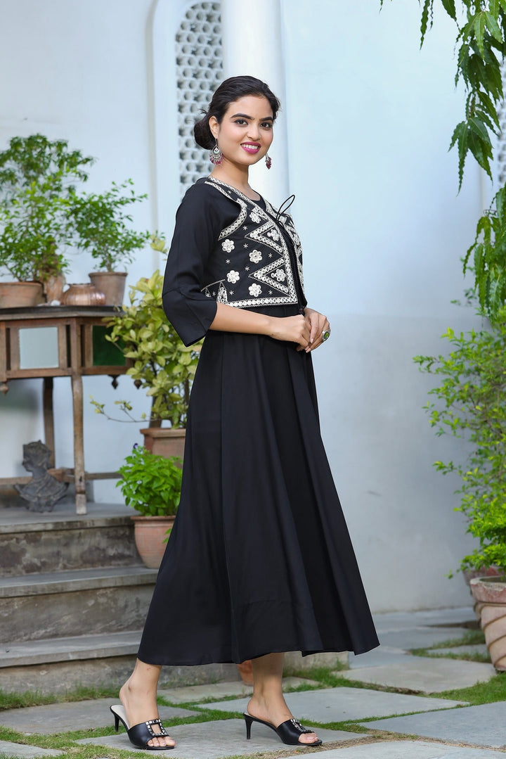 Black A-Line Dress With Jacket-Yufta Store-9403DRSBKS