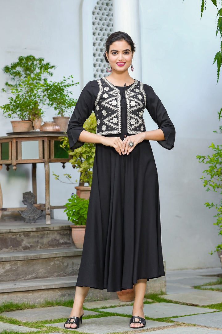 Black A-Line Dress With Jacket-Yufta Store-9403DRSBKS