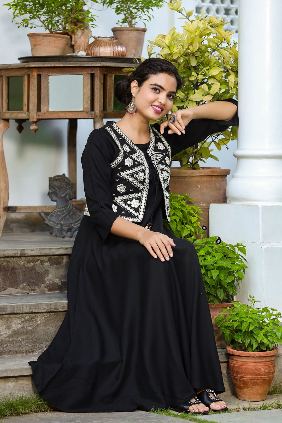 Black A-Line Dress With Jacket-Yufta Store-9403DRSBKS