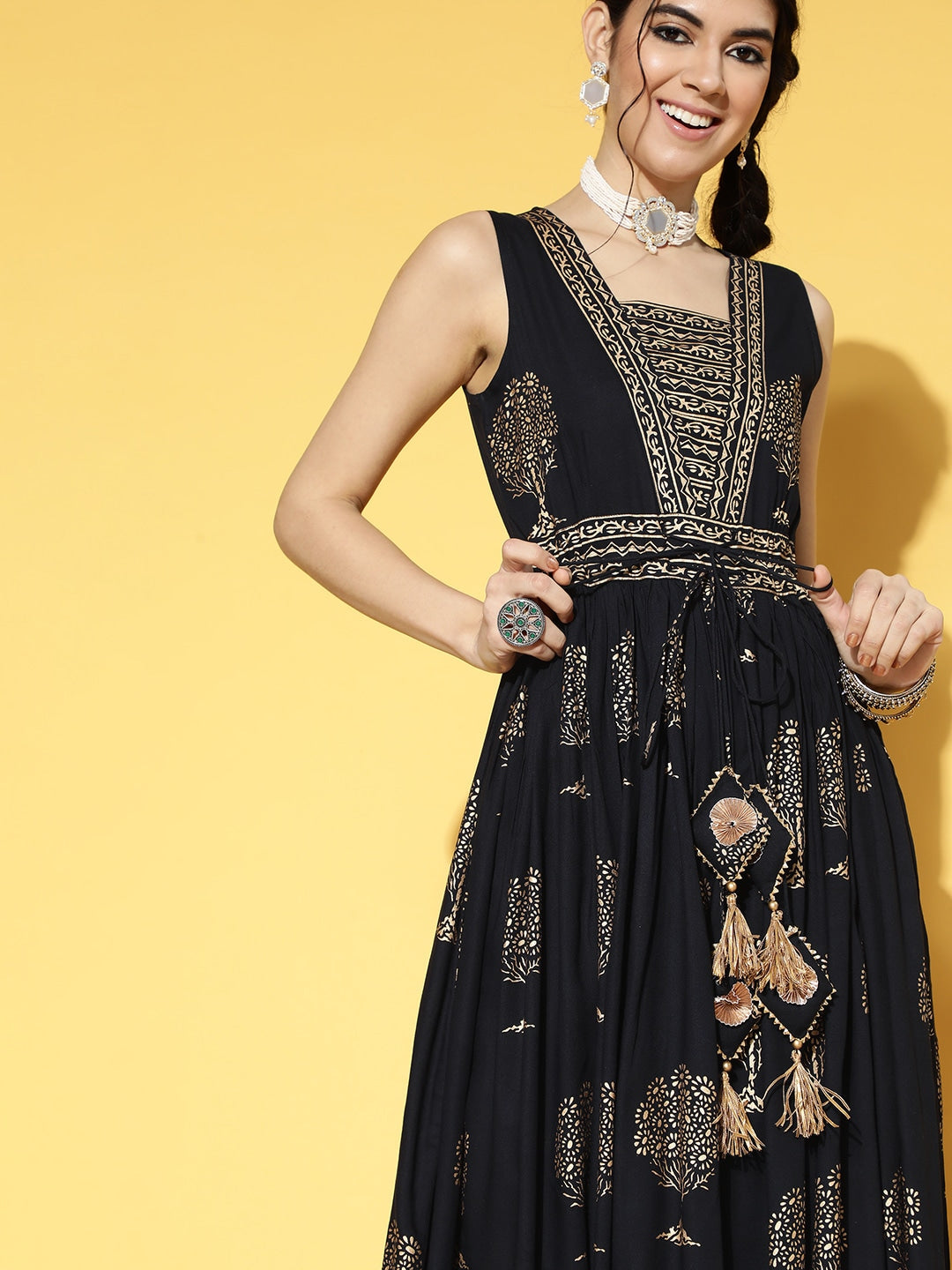 Black & Beige Ethnic Dress-Yufta Store-9596DRSBKS