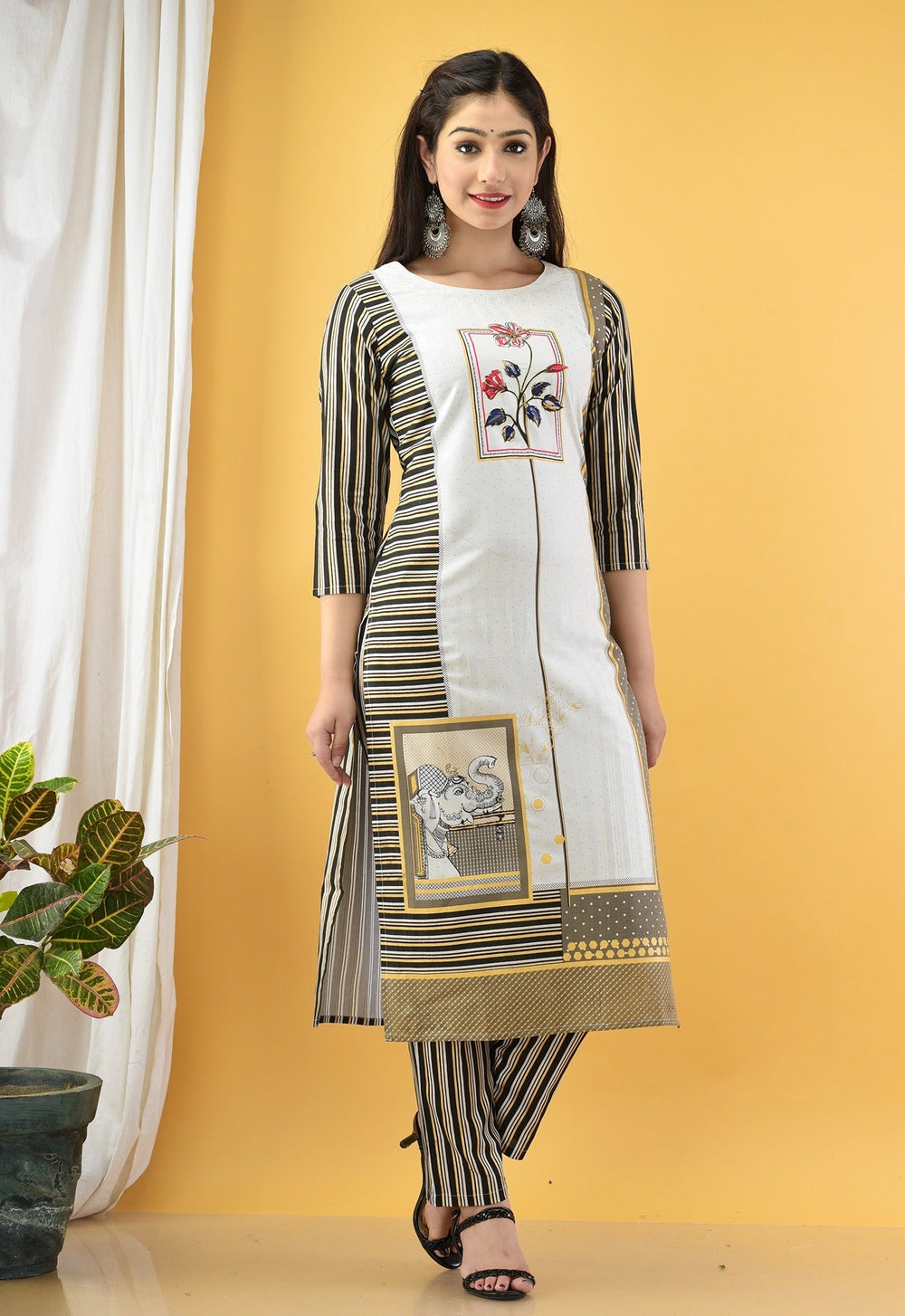 Black & Beige Printed Kurta Set-Yufta Store-2716SETBGM