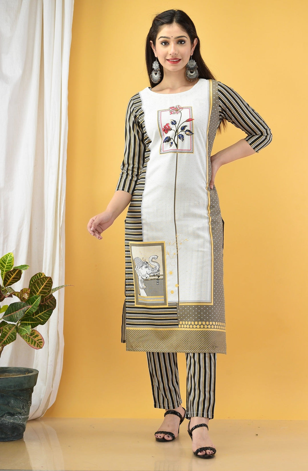 Black & Beige Printed Kurta Set-Yufta Store-2716SETBGM