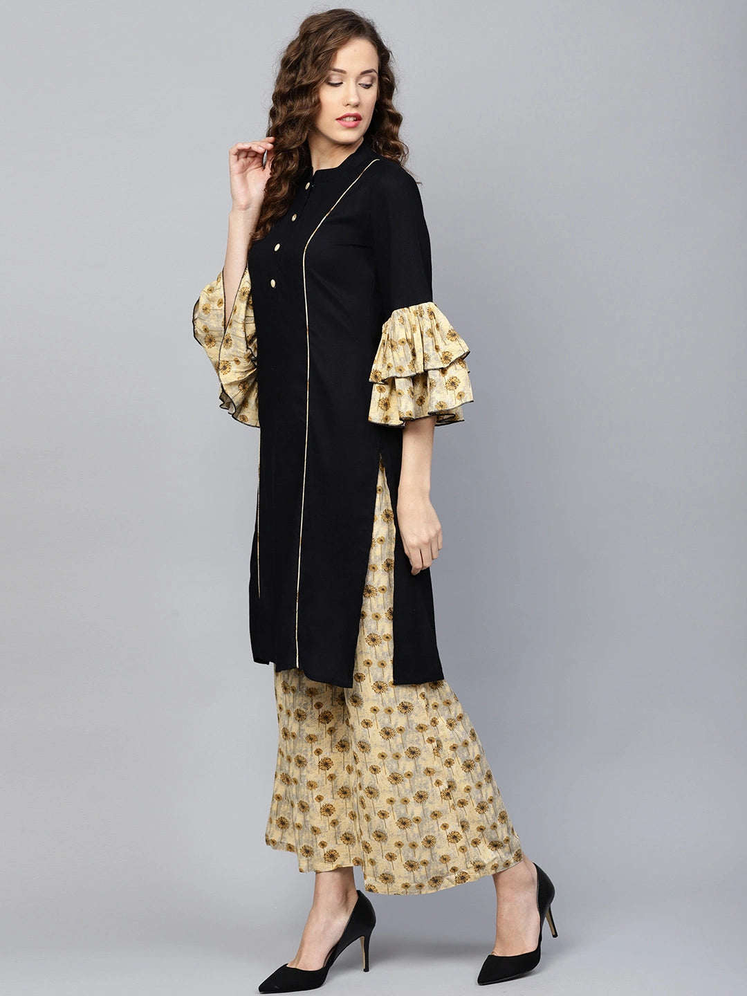 Black & Beige Solid Kurta Set-Yufta Store-YUFDGSET1854S