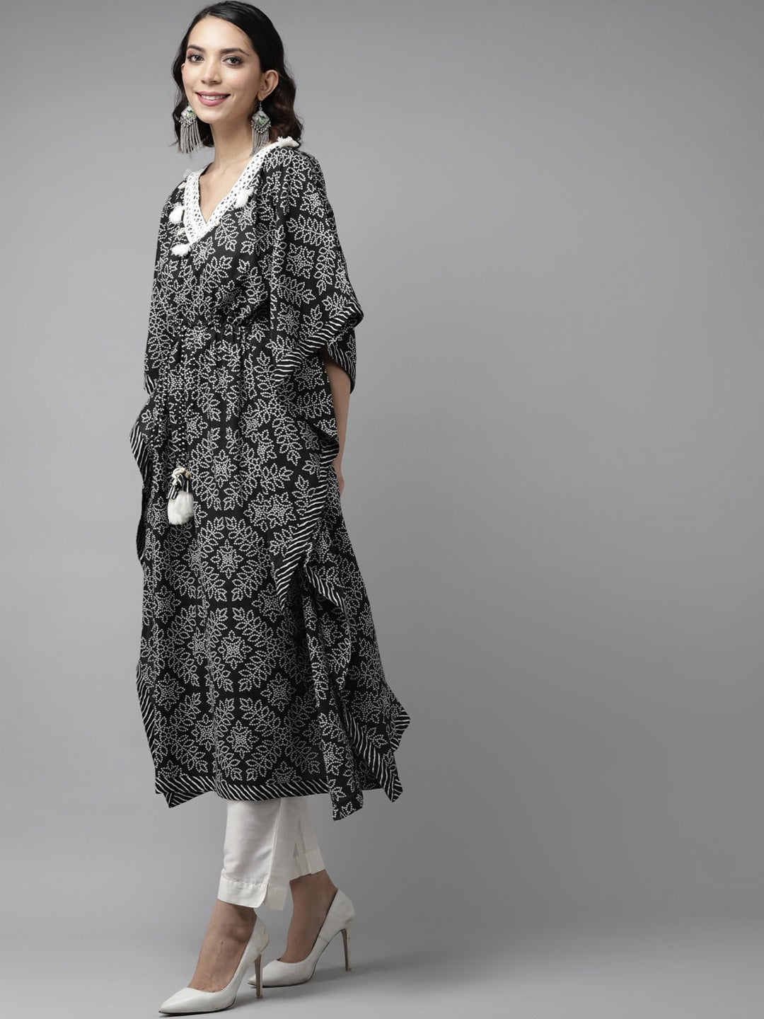 Black Bhandej Printed Kaftan-Yufta Store-9285KFTBKS