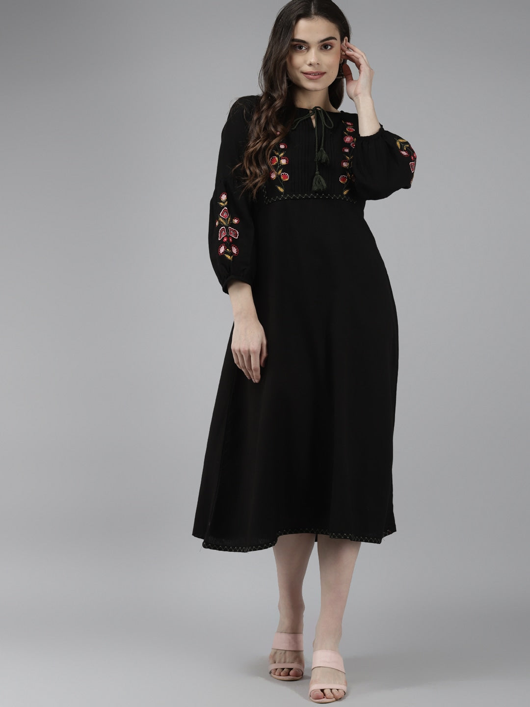 Black Cotton Embroidered Dress-Yufta Store-9230DRSBKS