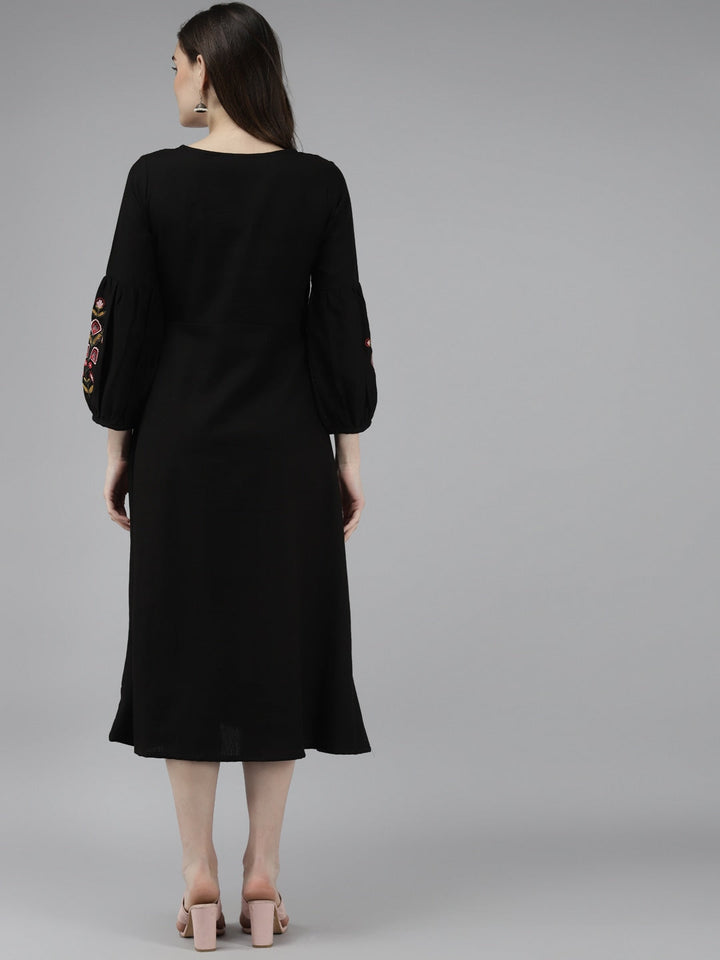 Black Cotton Embroidered Dress-Yufta Store-9230DRSBKS
