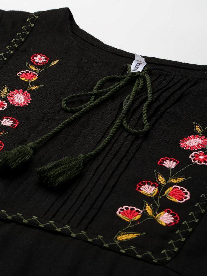 Black Cotton Embroidered Dress-Yufta Store-9230DRSBKS