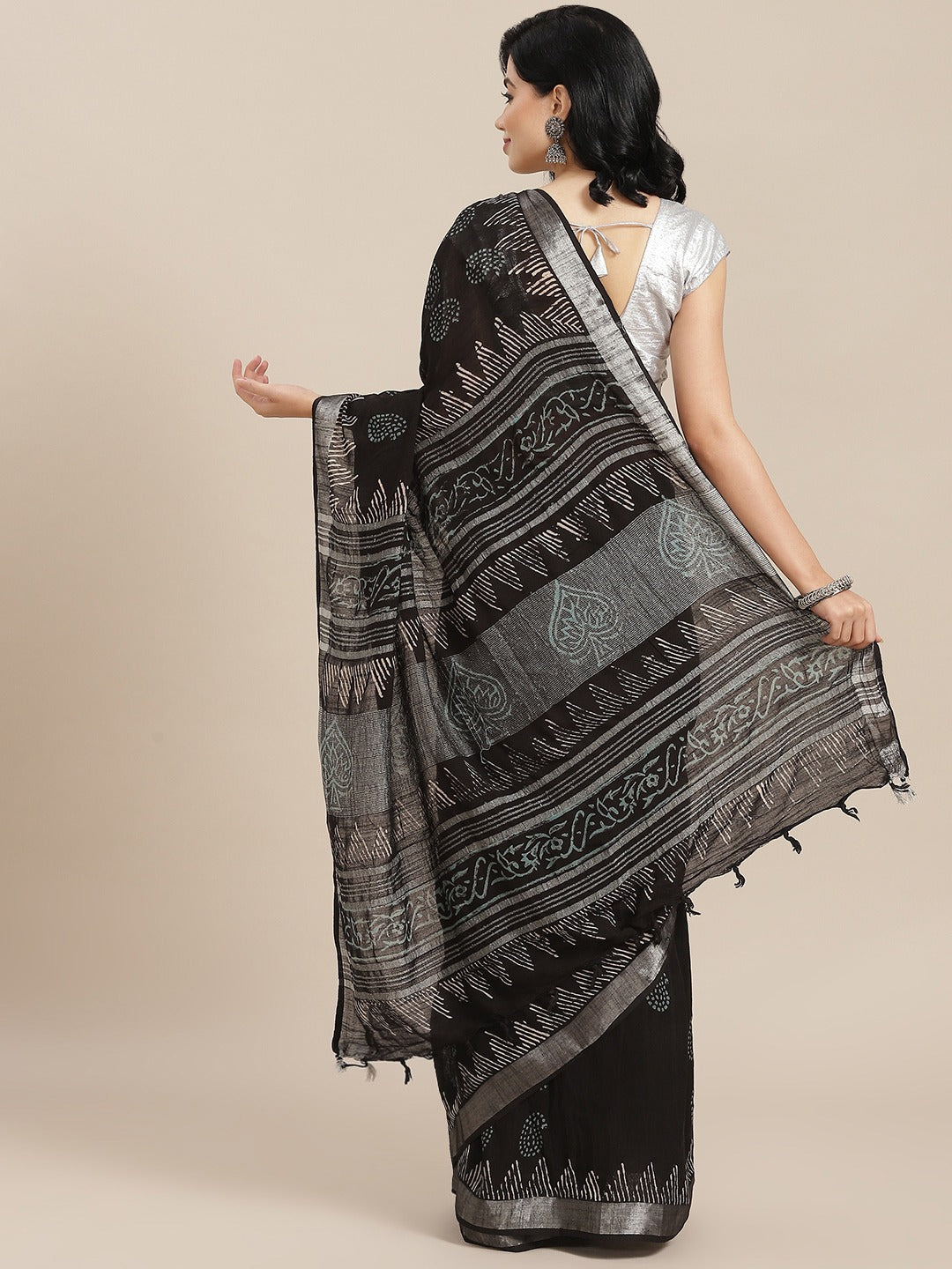 Black Cotton Linen Saree-Yufta Store-6044SARBK