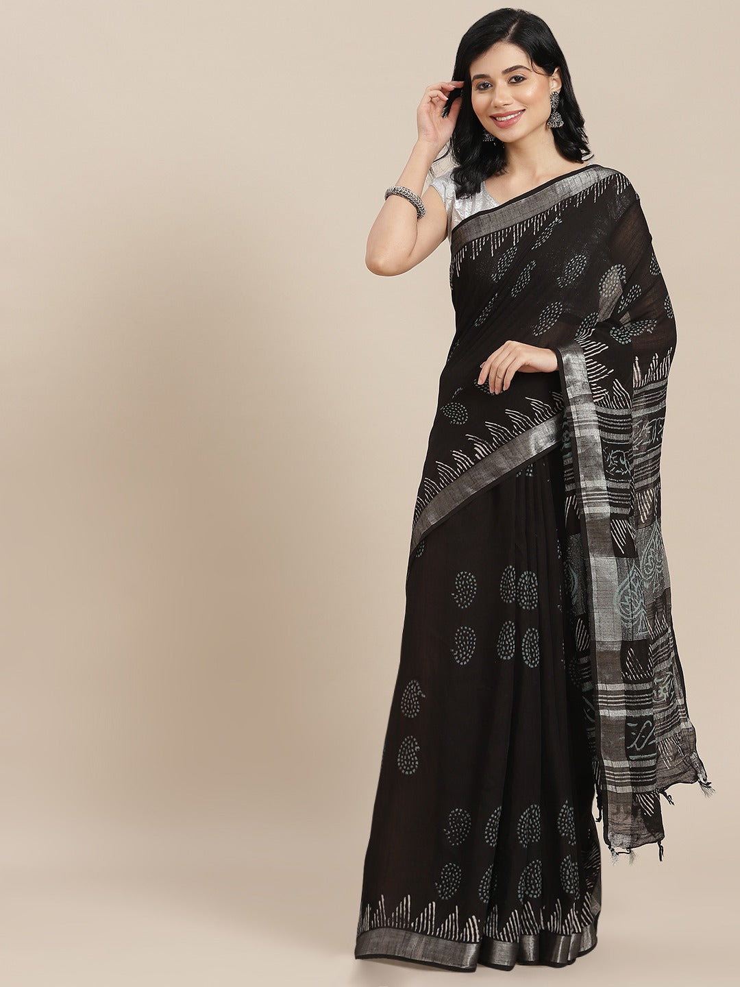 Black Cotton Linen Saree-Yufta Store-6044SARBK