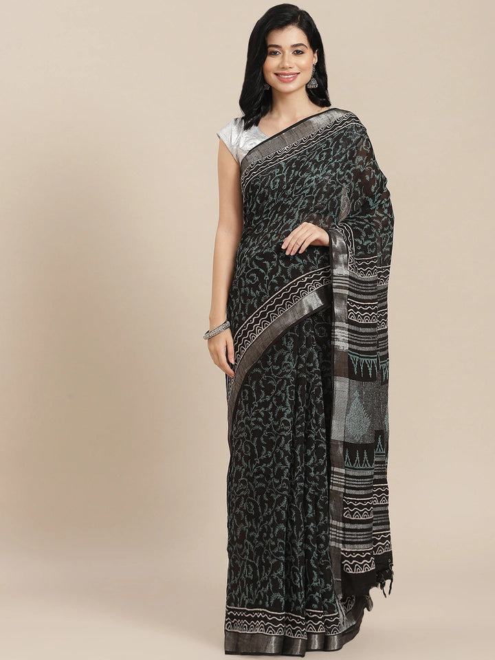 Black Cotton Linen Saree-Yufta Store-6045SARBK