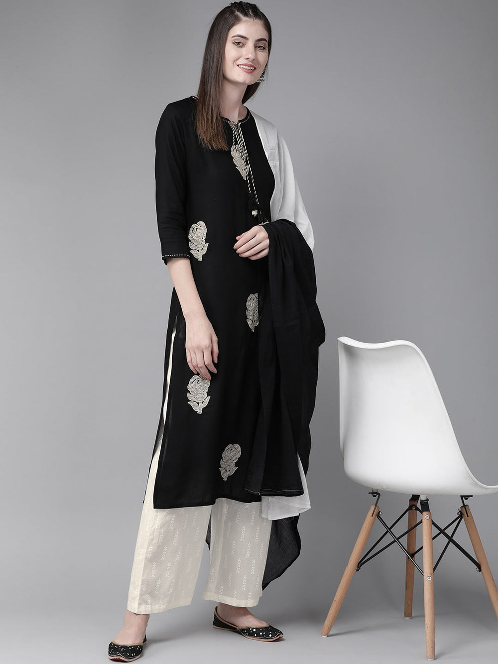 Black & Cream Embroidered Dupatta Set-Yufta Store-7509SETBKS