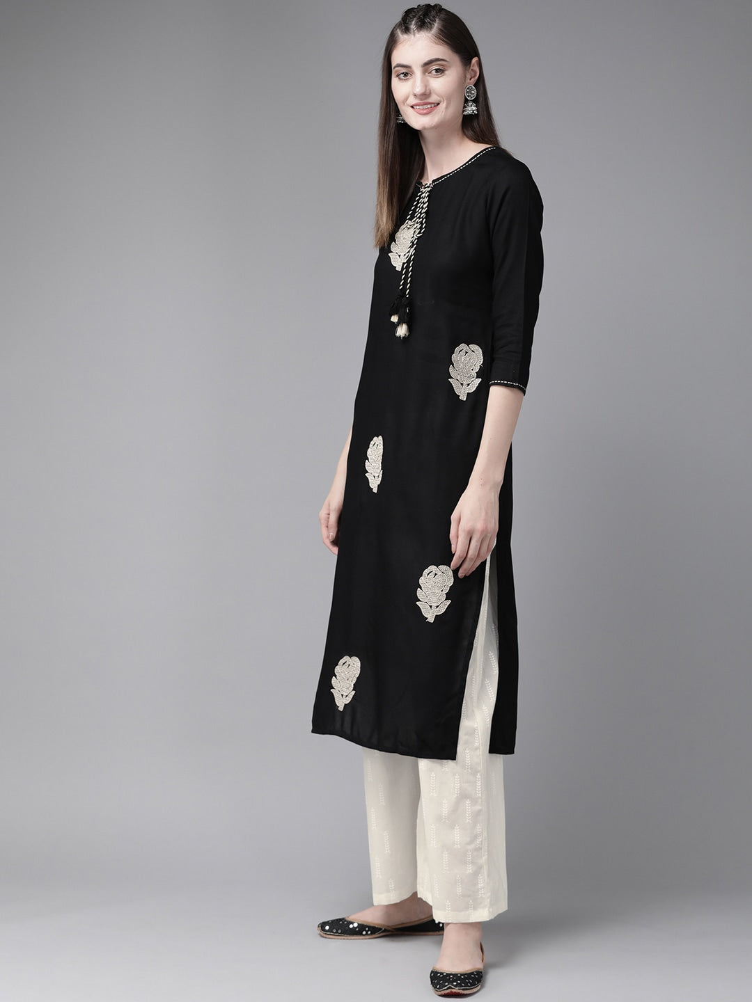 Black & Cream Embroidered Dupatta Set-Yufta Store-7509SETBKS