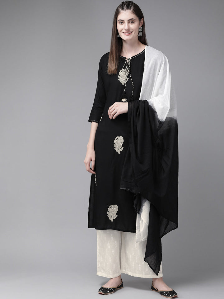 Black & Cream Embroidered Dupatta Set-Yufta Store-7509SETBKS