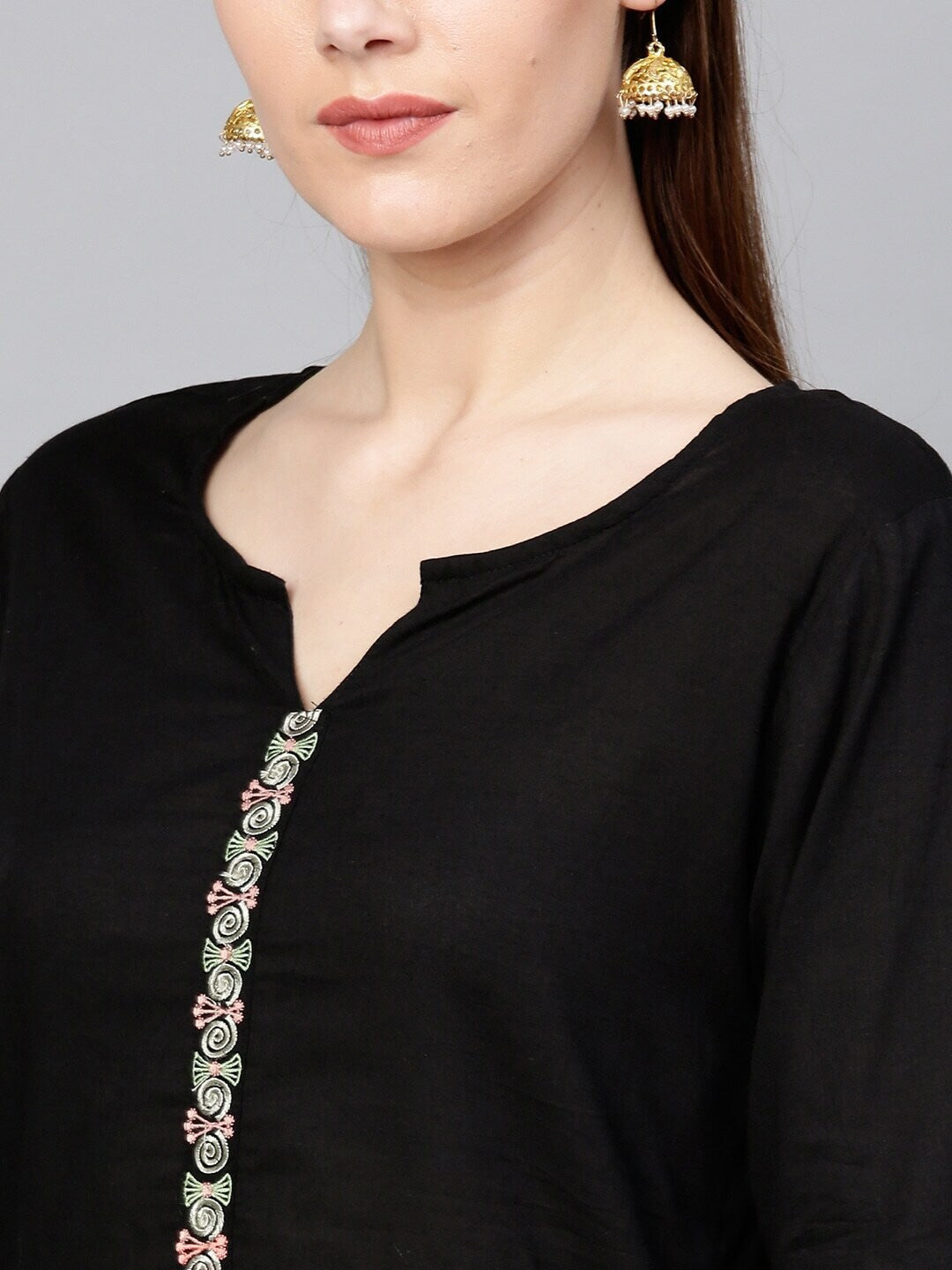 Black Embroidered Cotton Straight Kurta-Yufta Store-2099KURBKS