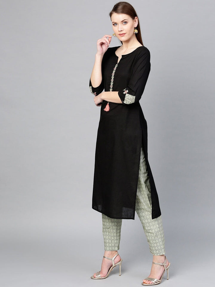 Black Embroidered Cotton Straight Kurta-Yufta Store-2099KURBKS