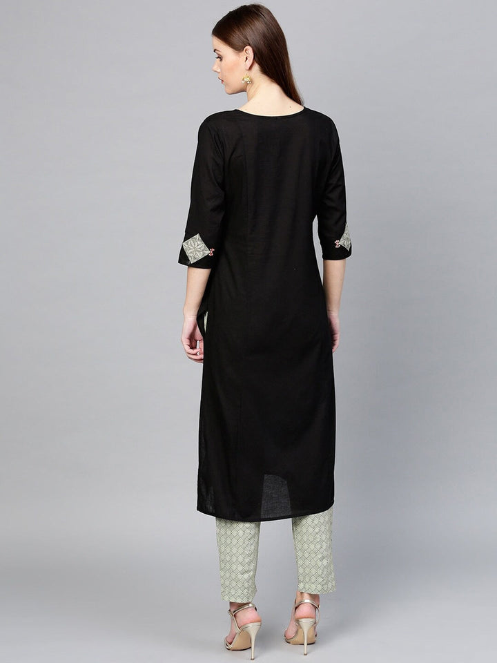 Black Embroidered Cotton Straight Kurta-Yufta Store-2099KURBKS