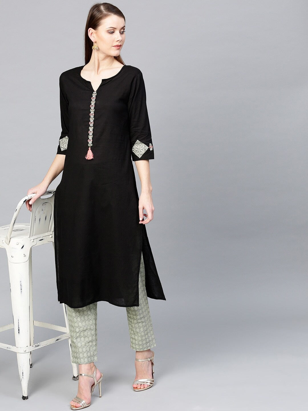 Black Embroidered Cotton Straight Kurta-Yufta Store-2099KURBKS