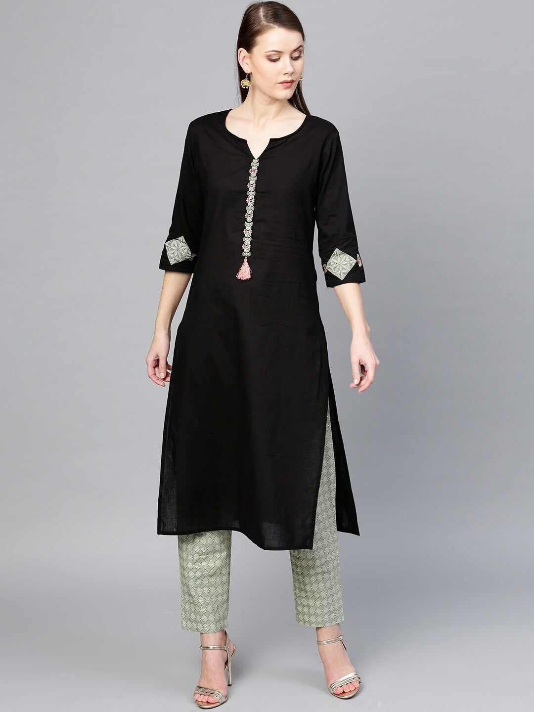 Black Embroidered Cotton Straight Kurta-Yufta Store-2099KURBKS