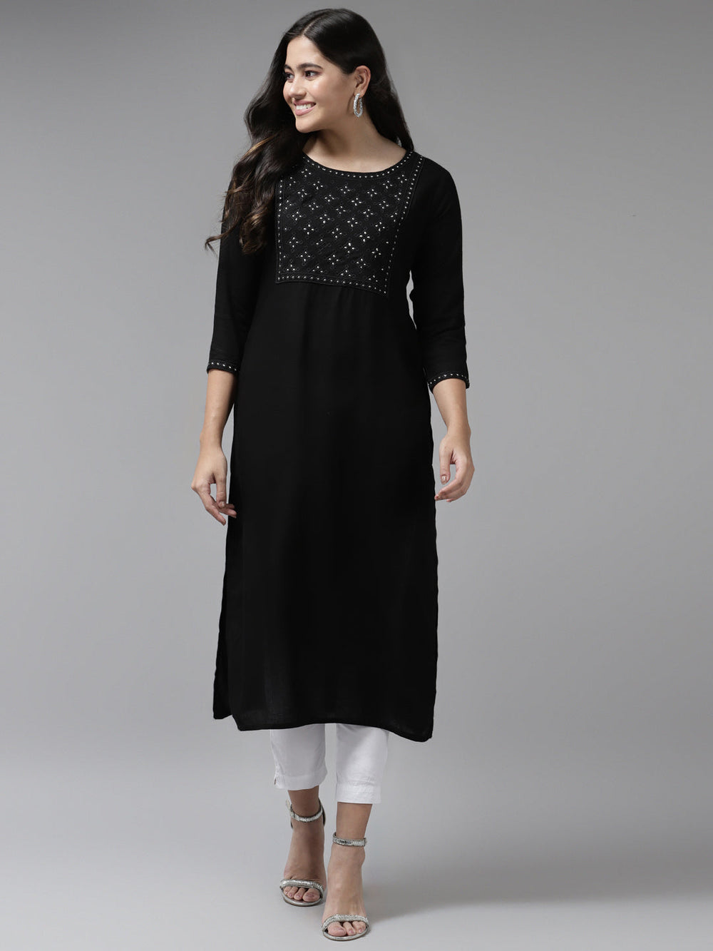 Black Embroidered Kurta-Yufta Store-6213KURBKS