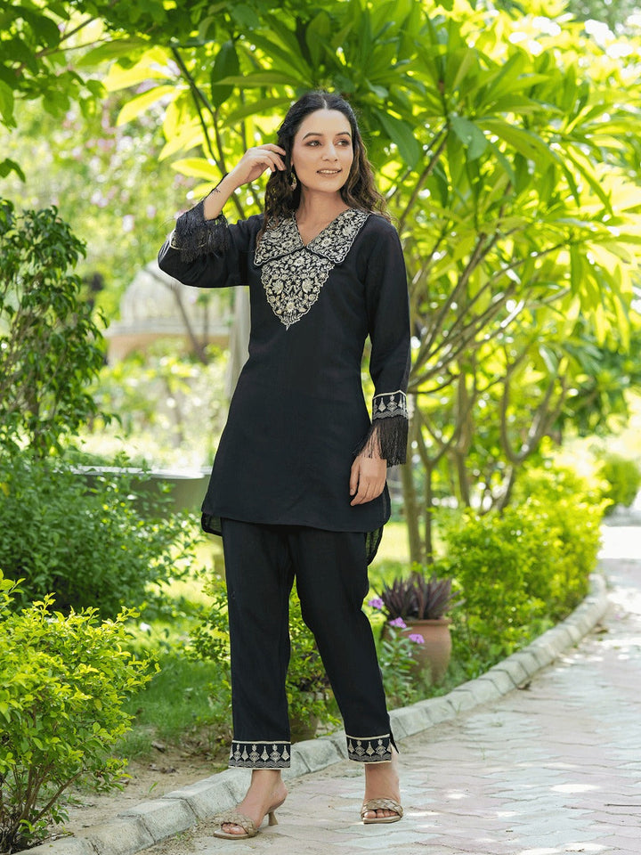 Black Embroidered Shirt And Trouser Co Ords-Yufta Store-1476CRDBKS