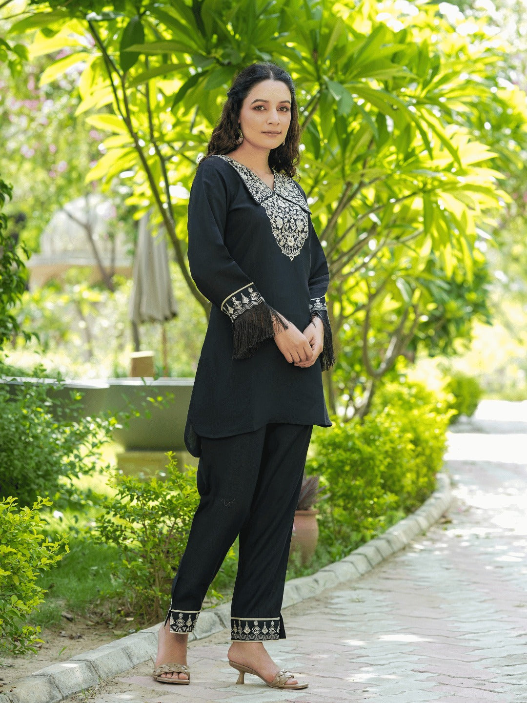 Black Embroidered Shirt And Trouser Co Ords-Yufta Store-1476CRDBKS
