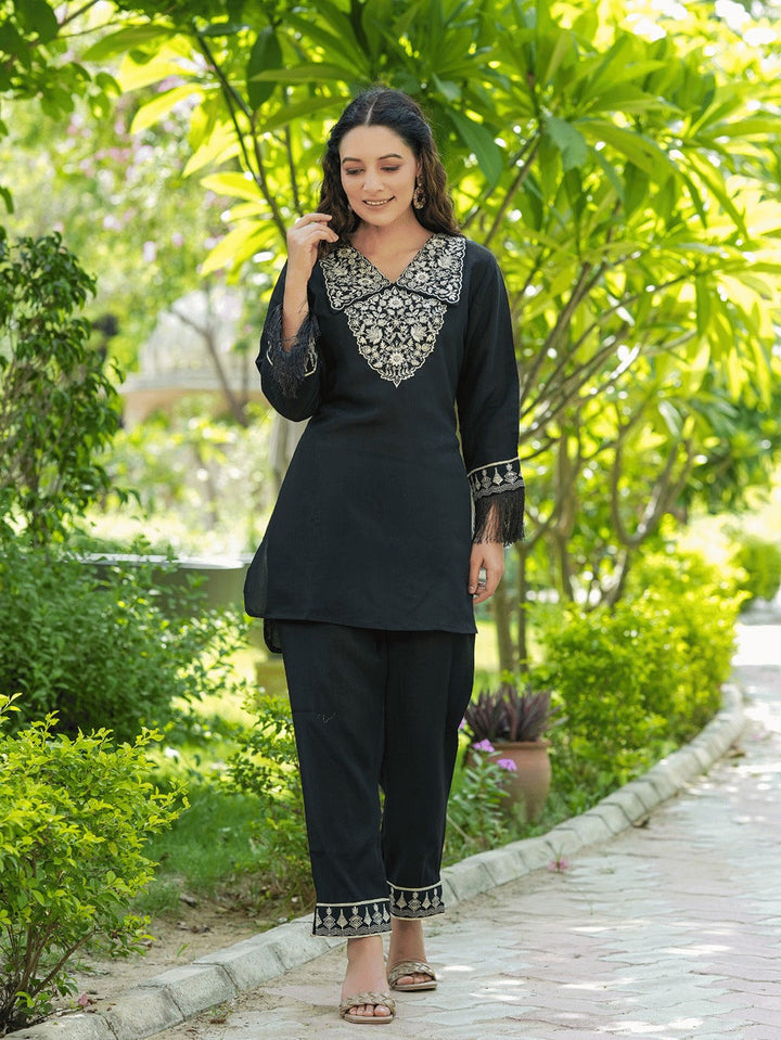 Black Embroidered Shirt And Trouser Co Ords-Yufta Store-1476CRDBKS