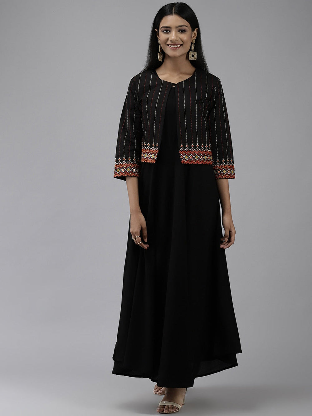 Black Ethnic Dress with Jacket-Yufta Store-9689DRSBKS